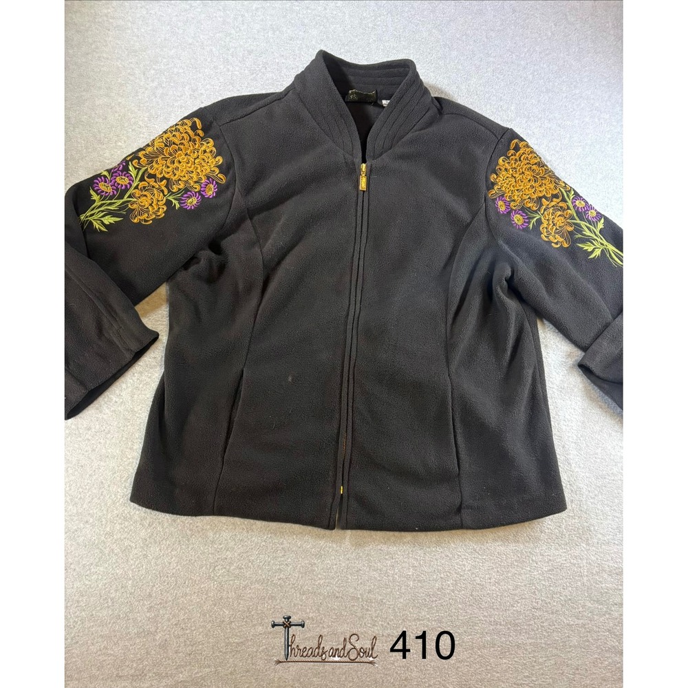 Bob Mackie Wearable Art Black Fleece Floral Embroidered Zip Up Jacket Womens XL